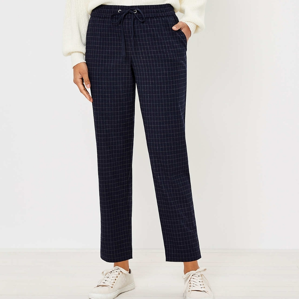 LOFT brushed flannel tailored slim elasticized waist pants, 36", blue